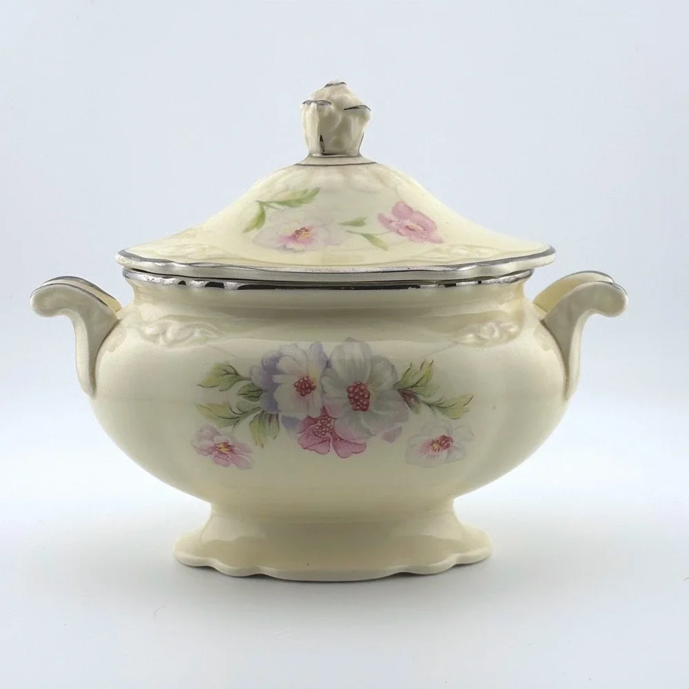 Homer Laughlin Virginia Rose Covered Sugar Bowl Floral Silver Trim Vintage USA